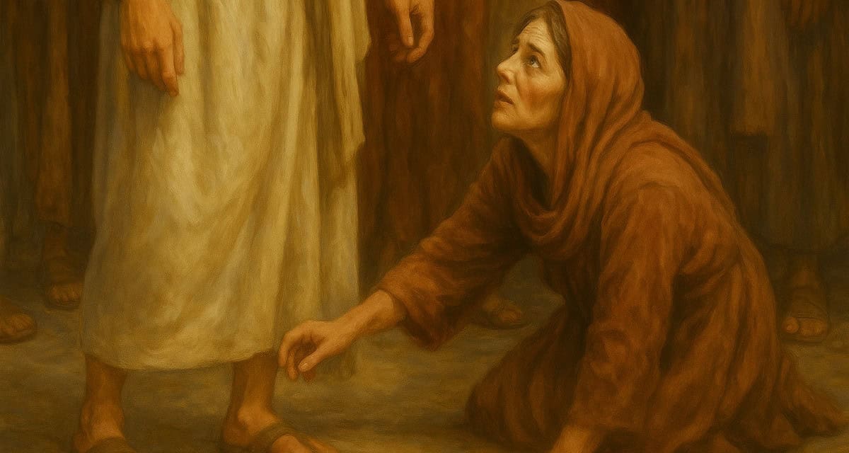 Pintura que representa a la mujer del pasaje bíblico de Marcos 5:25-34 arrodillada, tocando el manto de Jesús con fe, mientras lo mira con esperanza. Escena cálida, con tonos terrosos, que simboliza el poder de una fe que transforma.