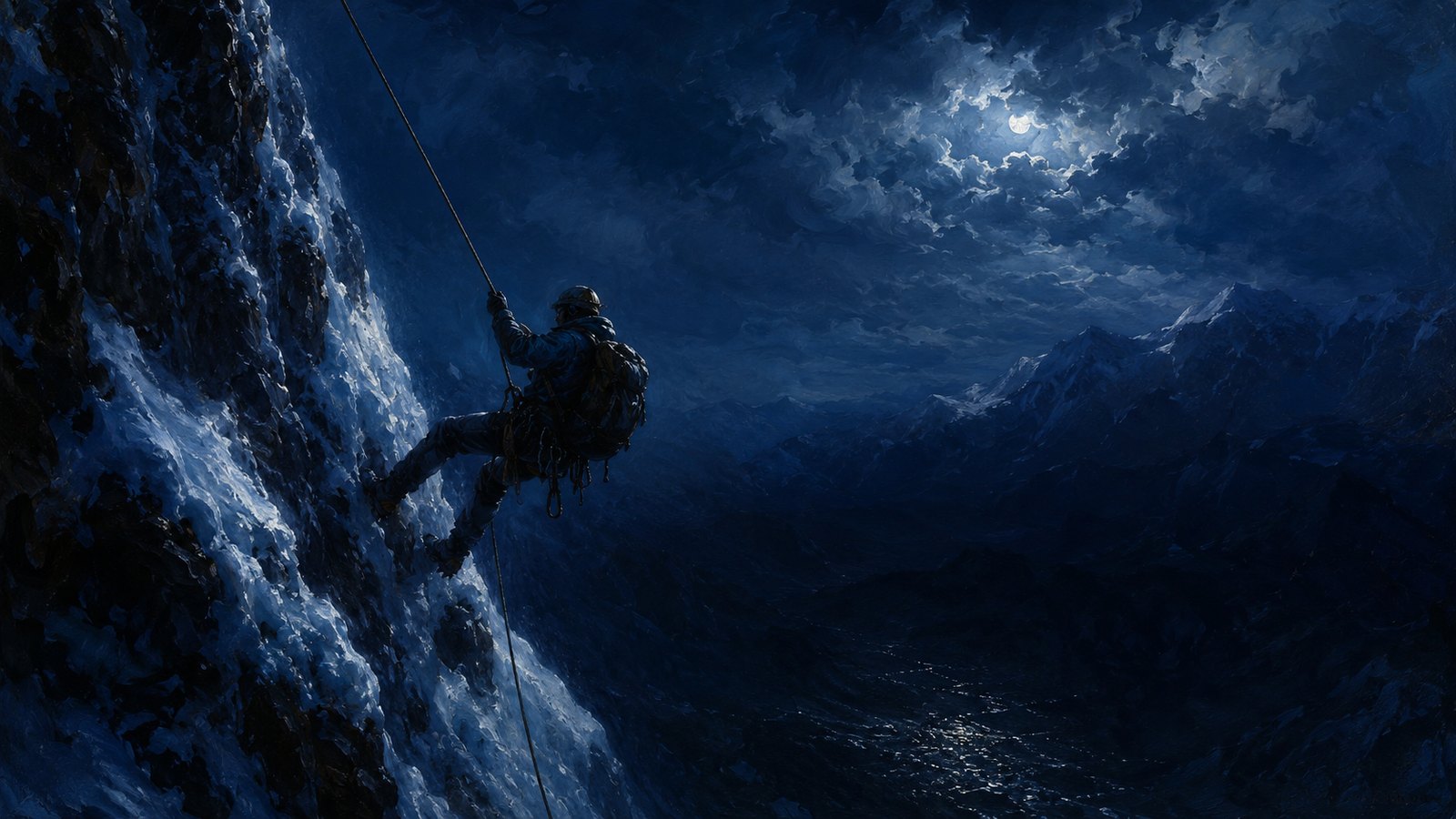 Alpinista colgando de una cuerda en una montaña nevada de noche — la diferencia entre creer en Dios y confiar en Dios