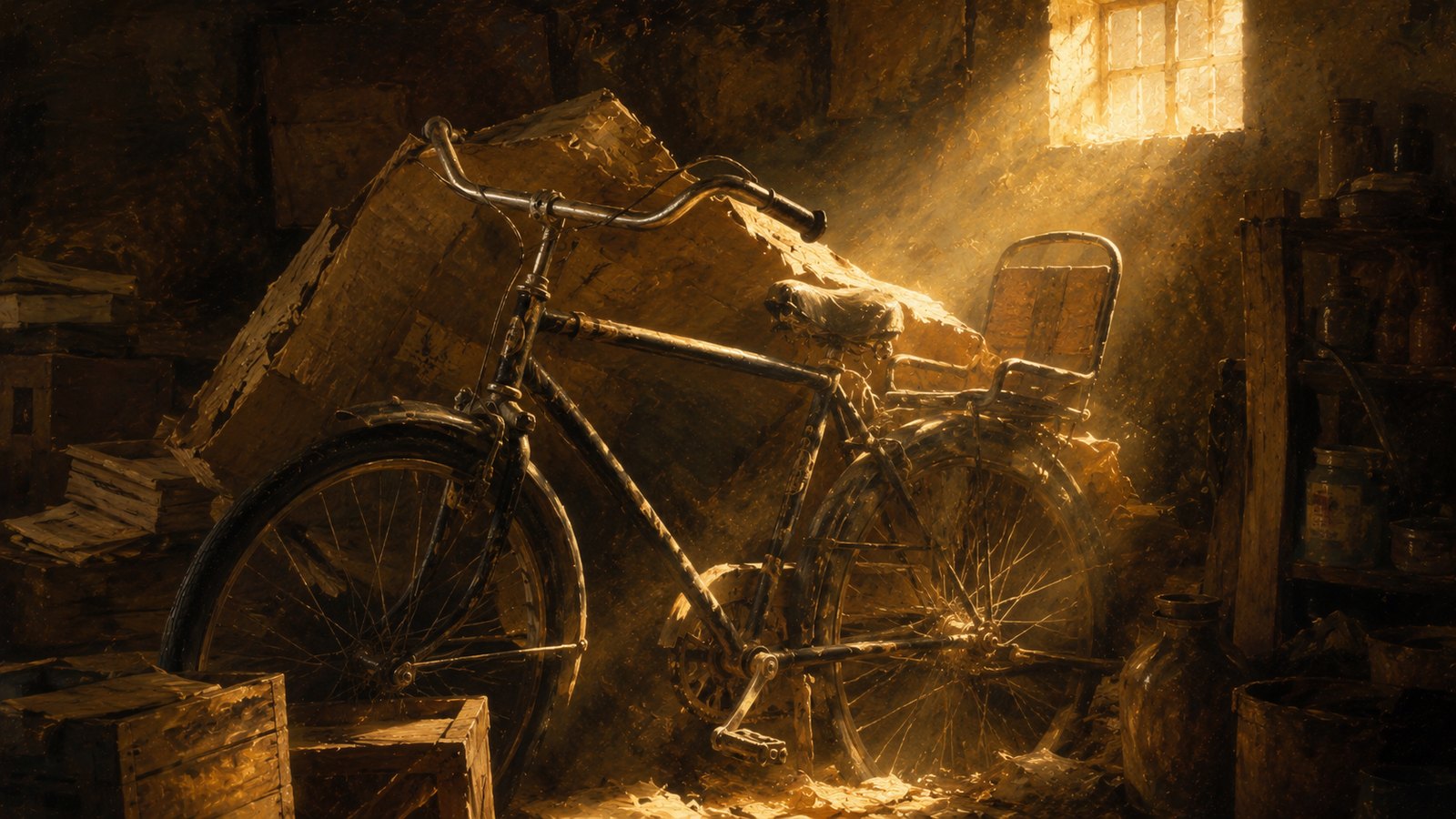 Bicicleta negra antigua iluminada en una bodega — testimonios de fe reales de provisión