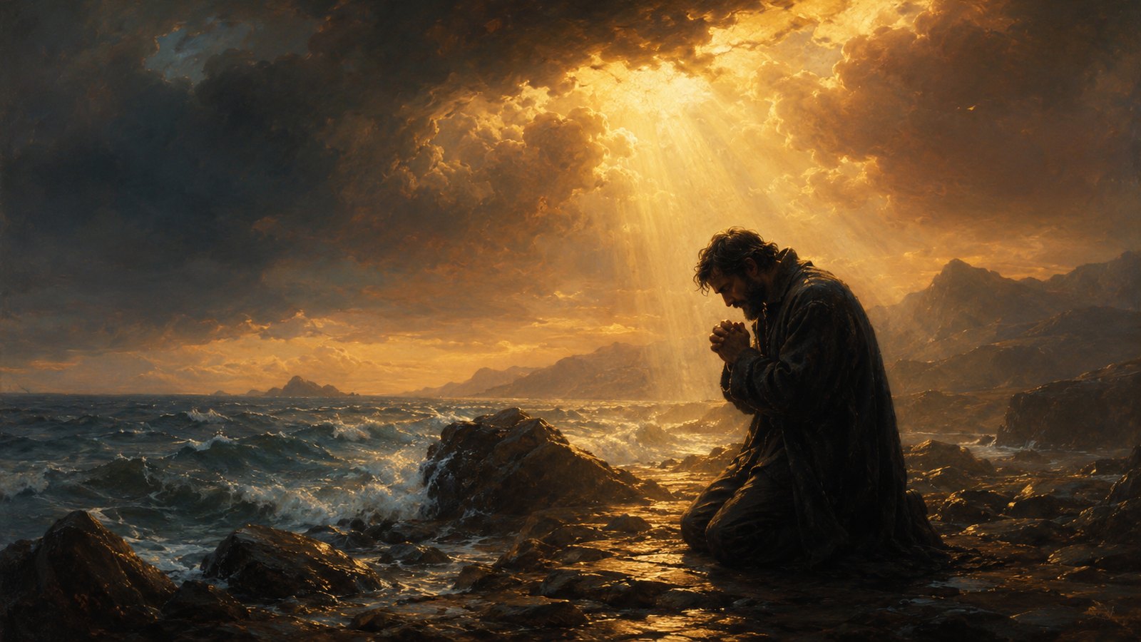 Hombre orando de rodillas frente al mar al amanecer, la luz se abre entre las nubes — cómo fortalecer la fe