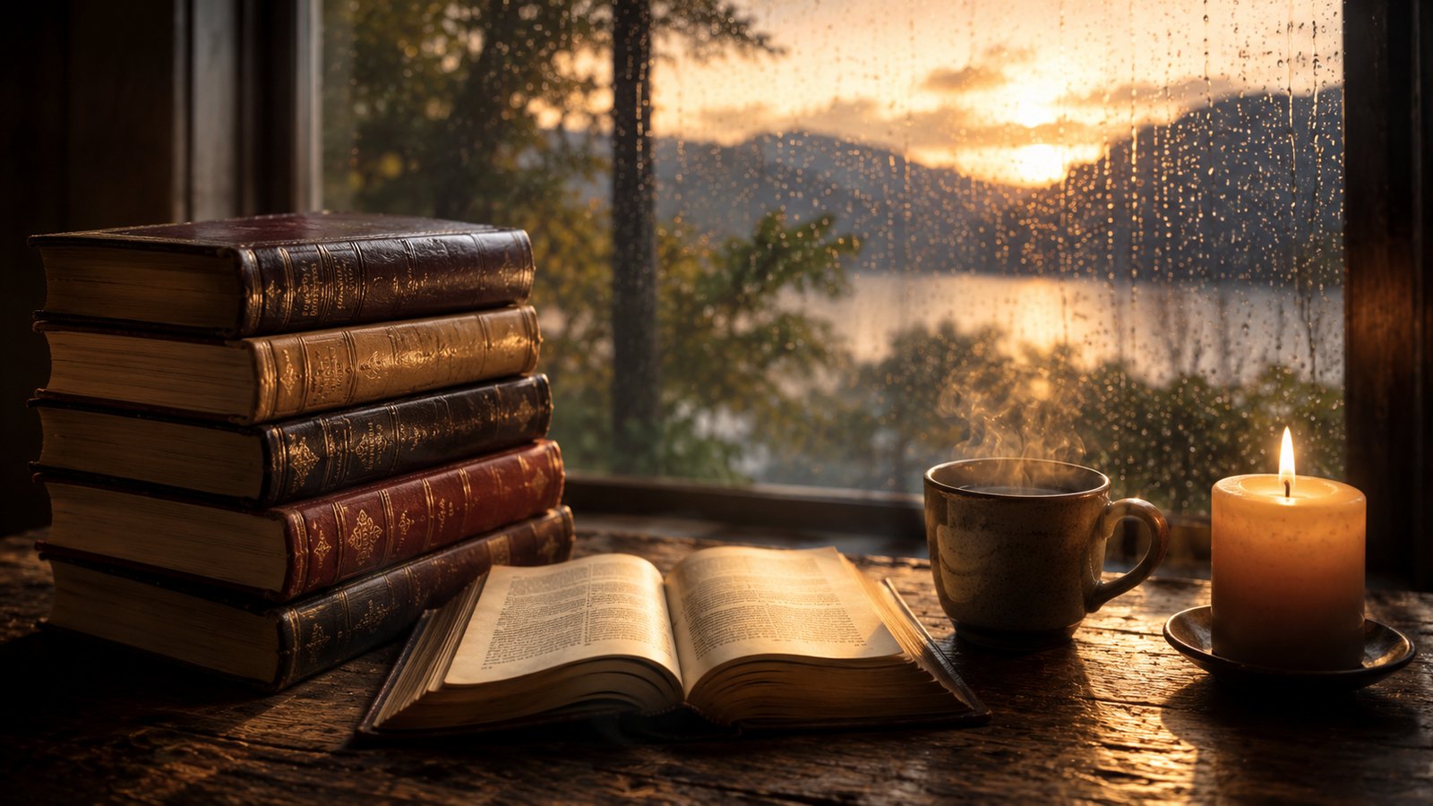 Libros cristianos sobre la fe junto a una ventana con lluvia, café y vela
