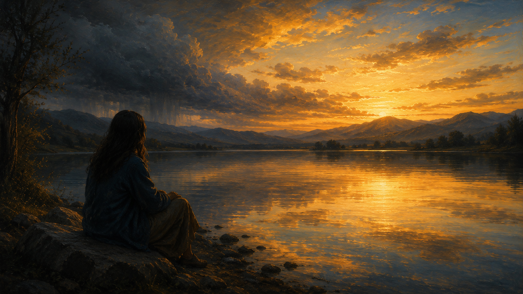 Persona en calma junto a un lago al atardecer mientras una tormenta se aleja