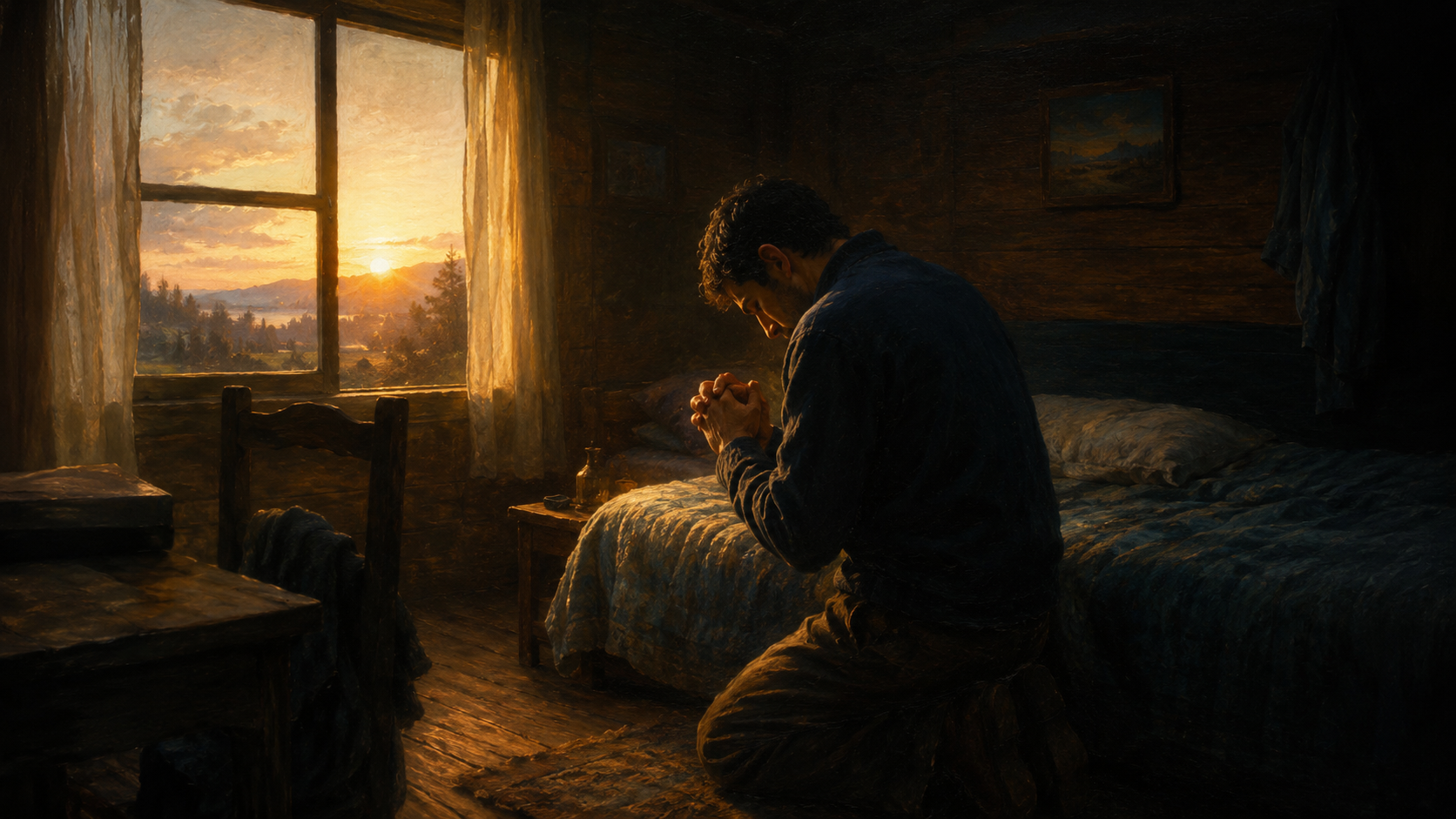 Hombre orando de rodillas junto a su cama al amanecer
